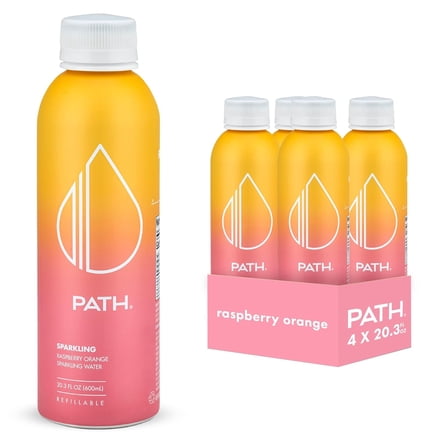 PATH Water Ultra-Purified Sparkling Raspberry Orange Flavored Water, 20 fl oz, 4 Pack Aluminum Bottles