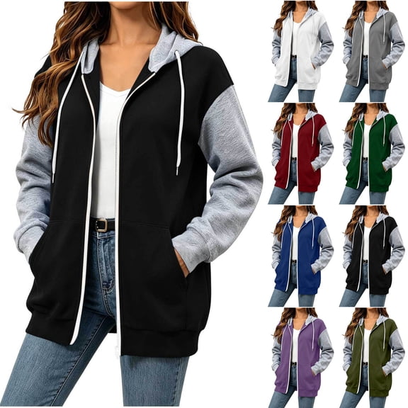 Womens Hoodies Color Block Fleece Lined Full Zip Quick-Dry Sweatshirt Drawstring Hood Side Pockets Mid Length for Street Shopping Daily Hangout | TruBelle,Army Green L