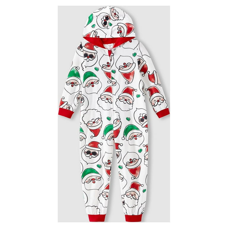 PatPat Red/White Mommy and Me Christmas Family Matching Allover Santa Claus  Print Long-sleeve Hooded Zipper Onesies Pajamas 