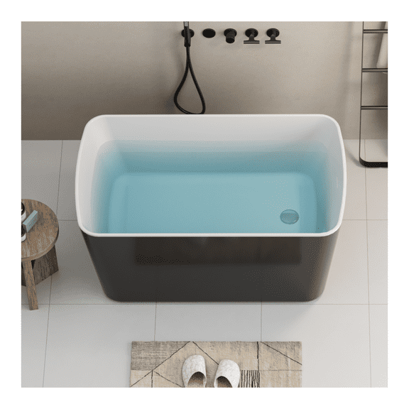 49'' Acrylic Freestanding Soaking Bathtub, Square-shape Japanese Soaking Hot Tub with Overflow and Drain, Glossy Black 24A01-49B