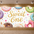 thumbnail image 4 of Donut Pattern Sweet One Banner Colorful Sprinkles 1st Birthday Display Gold Glitter Lettering Star Decor Donut Theme Background for 1st Birthday Party Kids Celebration Sweet Theme Party, 4 of 8