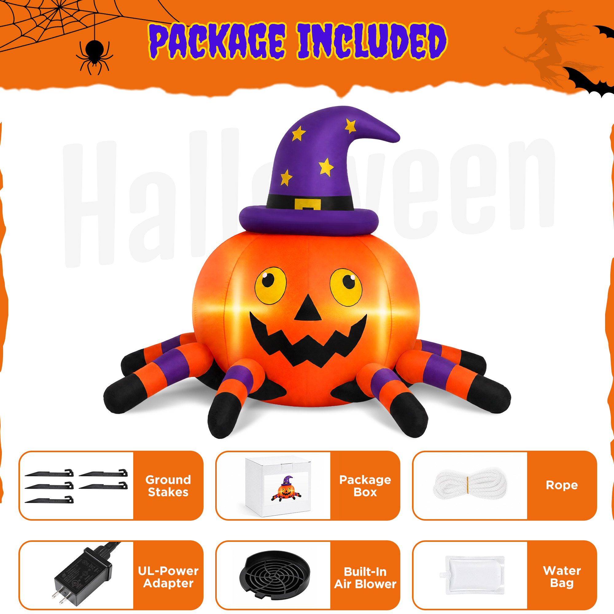 Firstness 6.2 Ft Halloween Inflatable, Pumpkin Spider with LED Lights photo 6