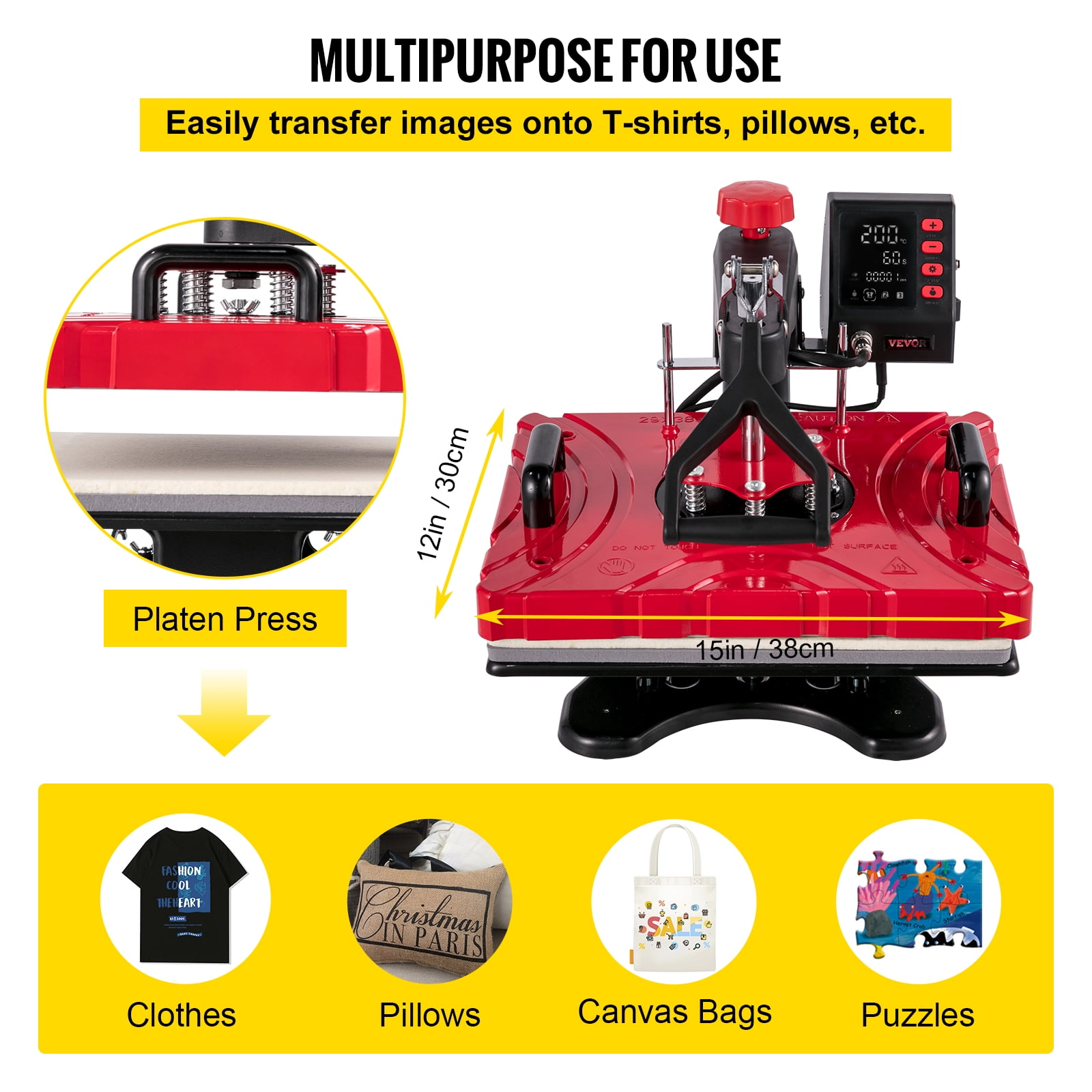 VEVOR 12X15 inch Upgraded Heat Press,800W Clamshell Heat Press, FCC Certificate Dual-Tube Heating Press Transfer Machine, 360 Degree Swing Away Sublimation Machine, for DIY T-Shirt/Mouse Pad/Cloth Bag - Walmart.com VEVOR 12X15 inch Upgraded Heat Press,800W Clamshell Heat Press, FCC Certificate Dual-Tube Heating Press Transfer Machine, 360 Degree Swing Away Sublimation Machine, for DIY T-Shirt/Mouse Pad/Cloth Bag - Walmart.com