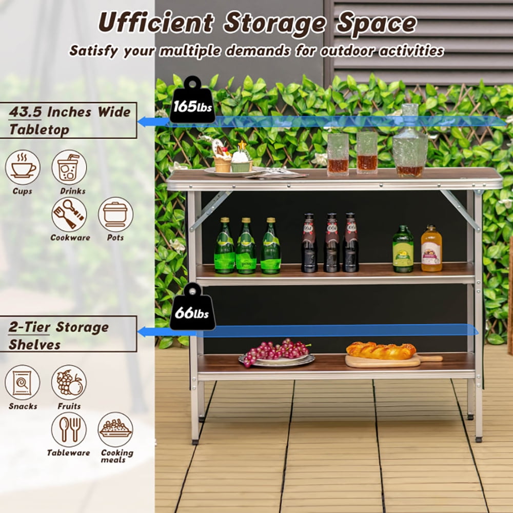 Aimee Lii Folding Camping Table with 2-Tier Open Shelves for Outdoor BBQ, Camp Tables PorTable Foldable, Coffee