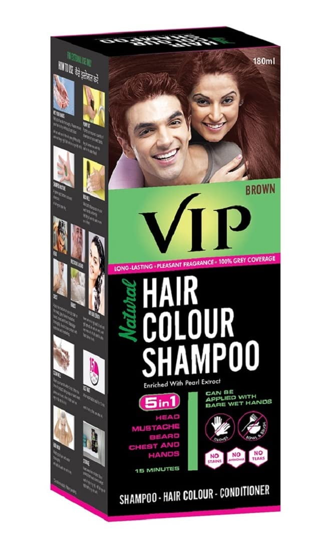 VIP Brown Hair Colour Shampoo, 180ml for Women and Men | Alternate to Hair Dye | Instant Easy Grey Coverage in 15 Mins | No Ammonia | Salon like Hair Color at VIP Brown Hair Colour Shampoo, 180ml for Women and Men | Alternate to Hair Dye | Instant Easy Grey Coverage in 15 Mins | No Ammonia | Salon like Hair Color at