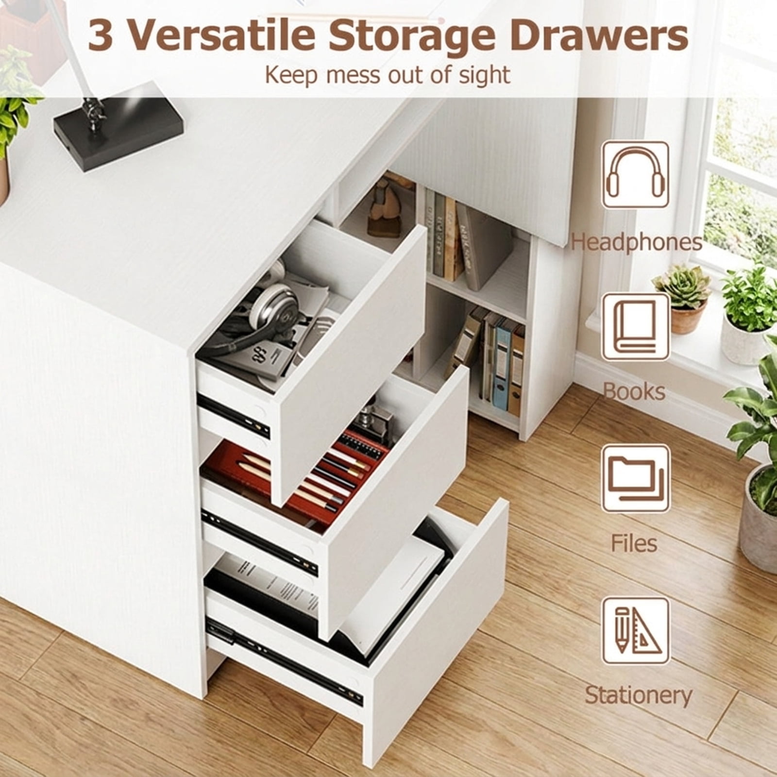 Furnibear Computer Desk with Power Outlet Keyboard Tray and 3 Large Drawers, White