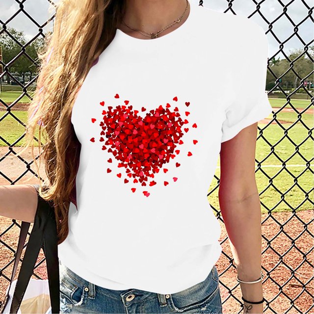 Mareep Blouse pour Femmes S-3TG T-shirt Imprimé Amoureux Col Rond Manches Courtes Cadeau de la Saint-Valentin
