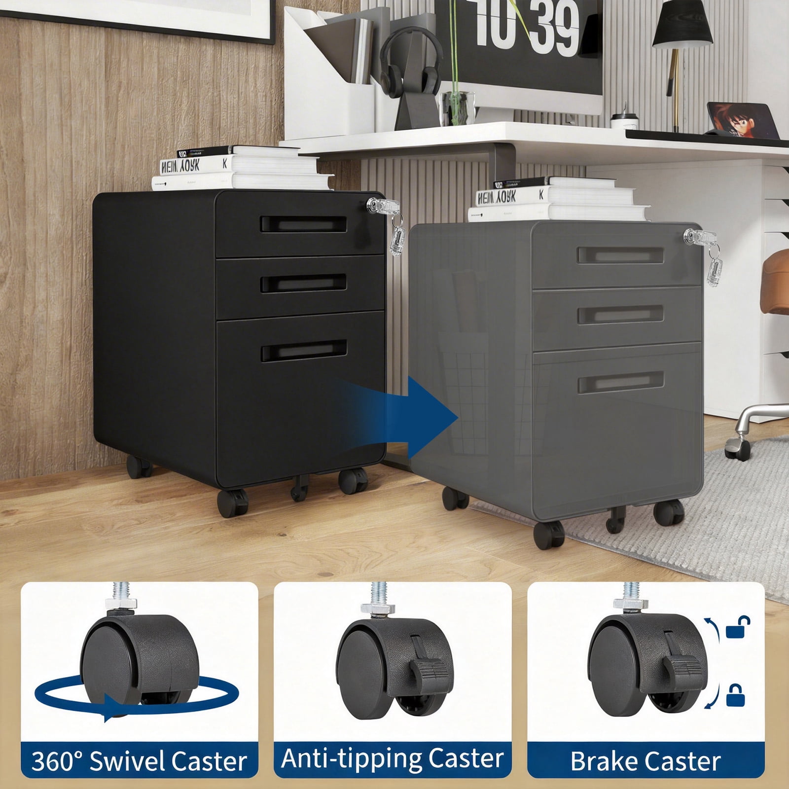 Towallmark Secure 3 Drawer Metal File Cabinet with Lock – Fully Assembled Mobile Filing Cabinet for Home Office, Anti-Tilt 5 Wheels, Under Desk Storage for A4/Letter/Legal Size – Matte Black