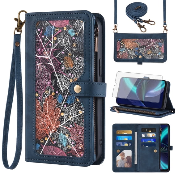 Asuwish Phone Case for Tracfone BLU View Speed 5G Wallet Cover With Tempered Glass Screen Protector Crossbody Wrist Strap Flip Pattern Zipper Credit Card Holder Cell BLUE ViewSpeed B1550VL Women Blue