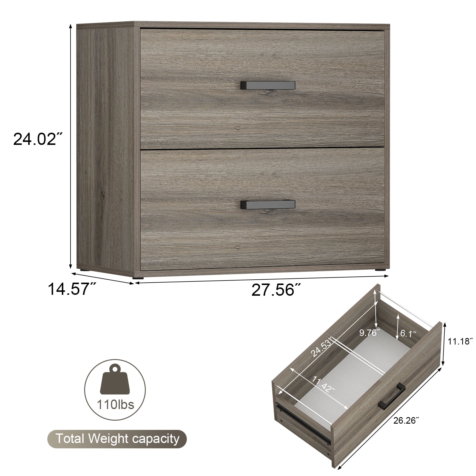 NICEGDLT2-Drawer Lateral File Cabinet,Filing Cabinets for Home Office,Wood Lateral File Cabinet with Handles for Letter Size,Gray 27.56" W x 14.57" D x 24.02" H
