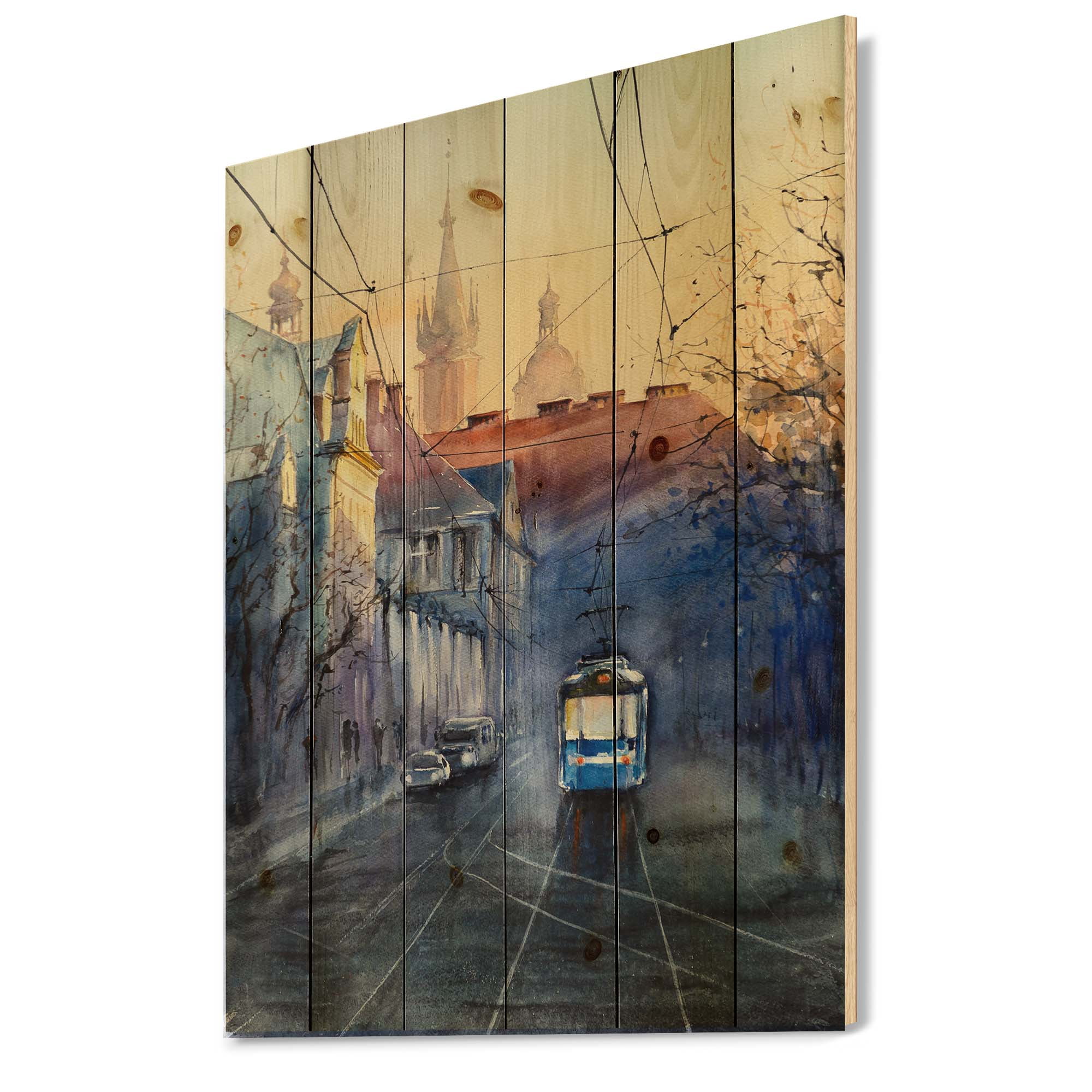 Designart 'Blue Tram At Sunset With Church During Sunset Cityscape' Nautical & Coastal Print on Natural Pine Wood