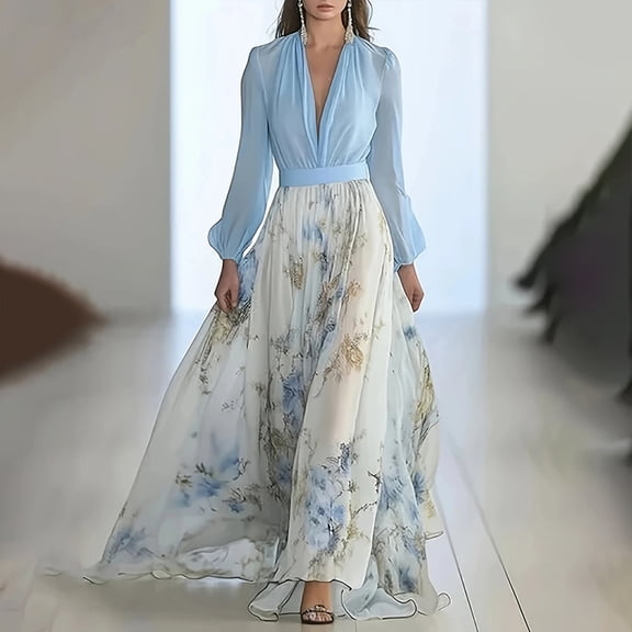 MORTTIC Women's Elegant Floral Maxi Dress Long Sleeve V-Neck Flowy Boho Dress Casual & Formal Wear Light Blue S