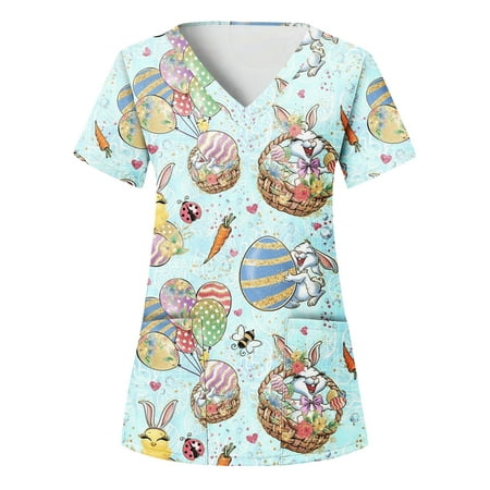 

XHJUN Womens Scrub Tops Plus Size Printed Easter Bunny Print Scrub Tops Short Sleeve V Neck with Pocket Sky Blue XXXXL
