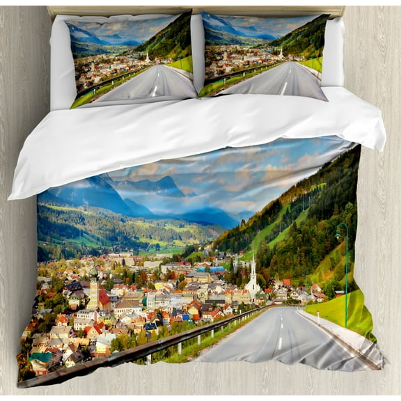 Landscape Duvet Cover Set King Size, Road in the Alps Small Town with Colorful Houses Clouds Clear Sky Rural Scenery, Decorative 3 Piece Bedding Set with 2 Pillow Shams, Multicolor, by Ambesonne