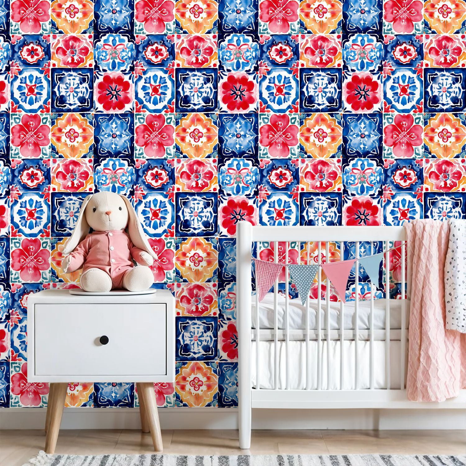 Peel and Stick Wallpaper Colorful Floral Tile Red Blue Yellow Watercolor Style Wall Mural 23.6in x 9.8ft Self Adhesive Removable Wall Paper Renter Friendly Wallpaper for Bedroom