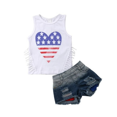 

Toddler Kids Baby Girls Printed Sleeveless Tops Denim Shorts Outfits Clothes Summer Fashion Casual Kids Clothes Sets