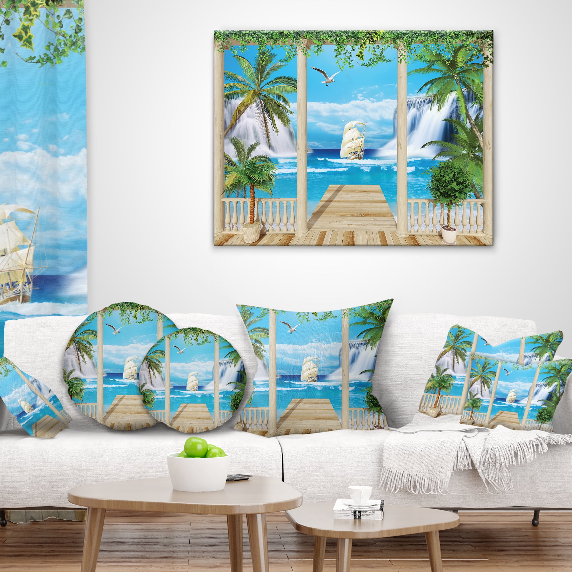 Designart Wooden Terrace with Sea View - Landscape Photography Throw Pillow - 18x18
