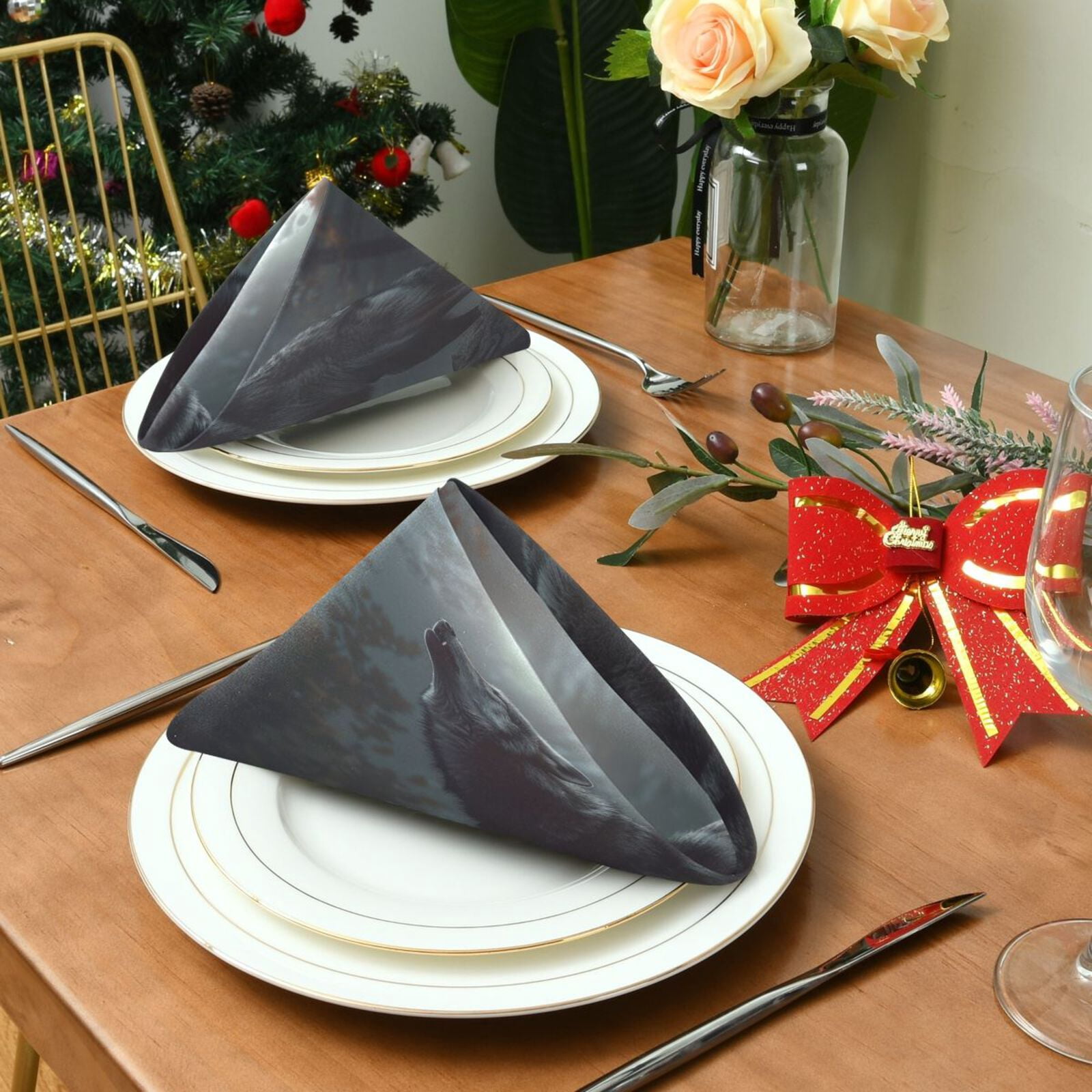 JSTEL Wild Wolf Howling Moon Forest Cloth Napkins Set of 6, 20x20 Inch Washable and Reusable Napkin for Decoupage Dinner Party Everyday Use