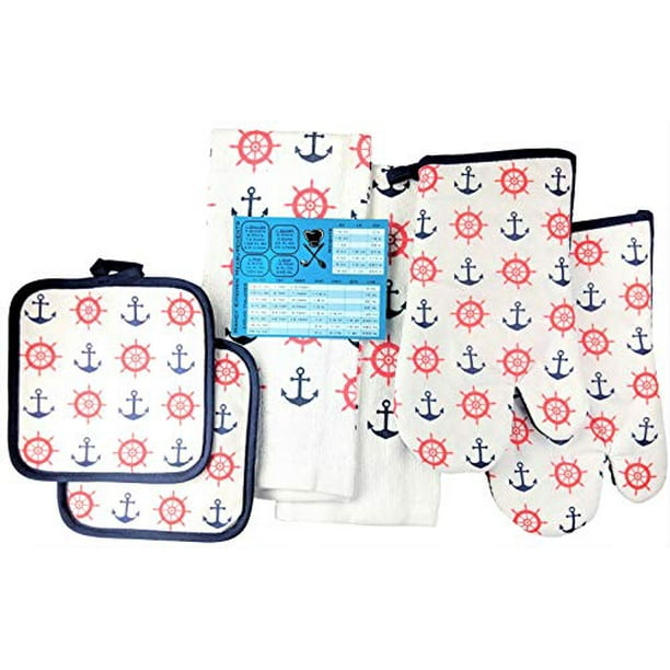 Dbd Home Kitchen Towel 5 Piece Themed Set 2 Kitchen Towels 2 Oven Mitts 2 Pot Holders Includes Handy Kitchen Measurements Magnet Nautical Anchors Away Walmart Com Walmart Com