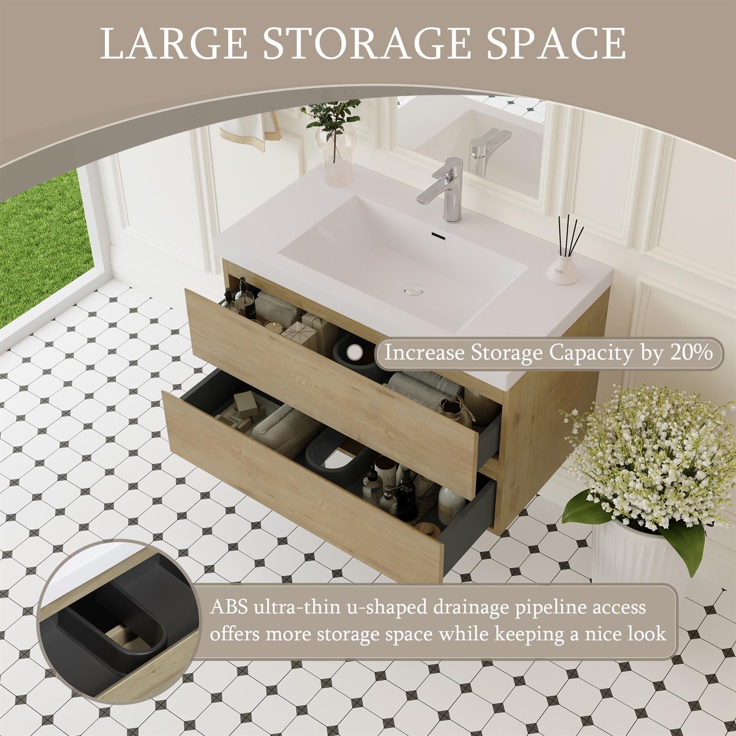 Demi Bonn 36" Floating Bathroom Vanity with Sink, Resin Top Basin and 2 Soft Close Drawers, Faucets and Drains Not Included, Brown