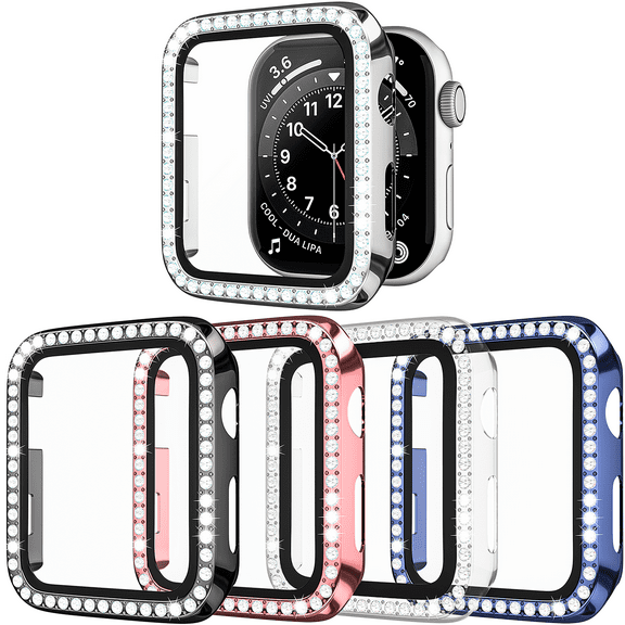 5-Pack Rhinestone Cases for Apple Watch 44mm Case with Tempered Glass Screen Protector, Crystal Diamonds Bling Bumper Overall Hard PC Protective Cover for iWatch Series 6/5/4/SE Men, Women, Kids, Mix