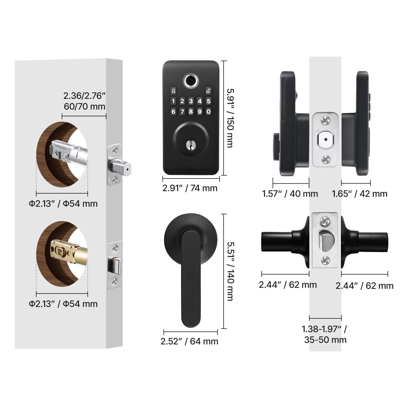 Fingerprint Door Lock Set with Handles 50 Fingerprints 100 User Codes Auto Lock Anti-Peeping for Home Matte Black