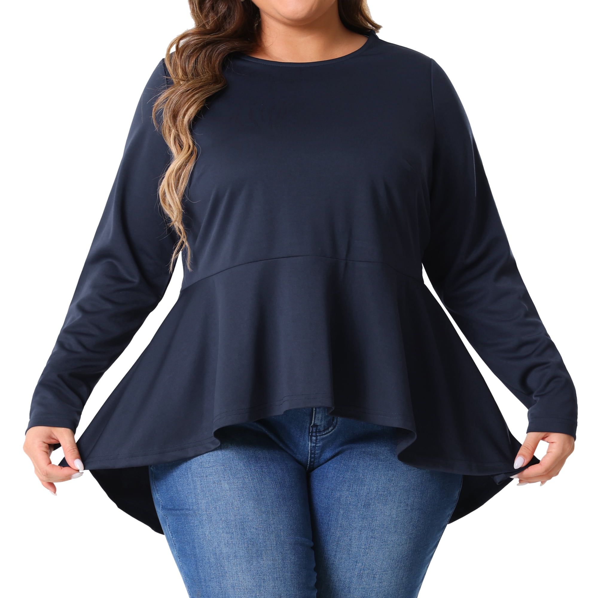 DARING DIVA Women's Plus Asymmetrical Hem Crew Neck Blouse 3X Navy Blue