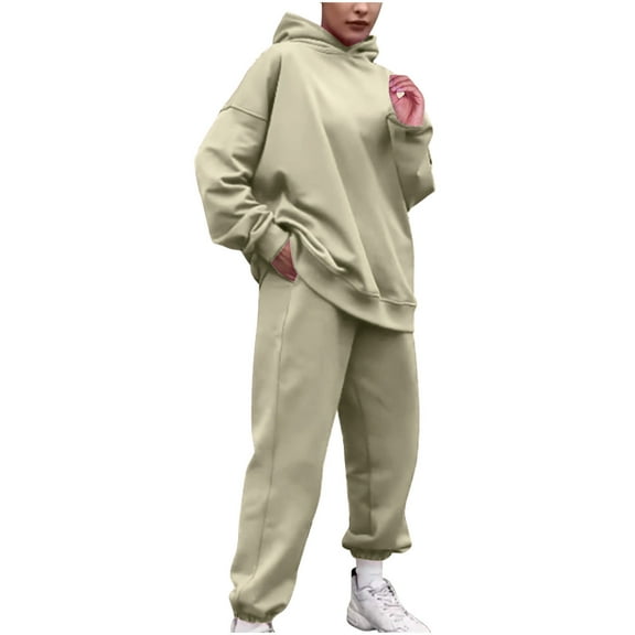 Travel Outfits for Women 2 Piece Sets Solid Color Long Pants Hooded Pullover Long Sleeve Sweatshirts Sets Plus Size Tracksuit Casual Outfit Khaki XL