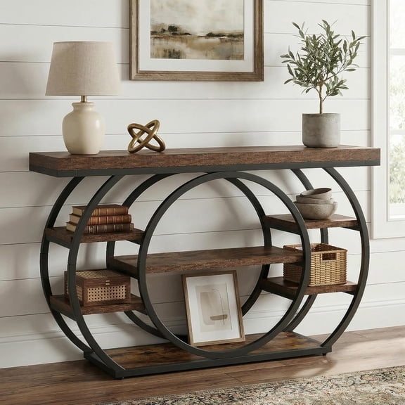 Finmind 47" Industrial Console Table, 5-Tier Narrow Sofa Table with Metal Frame for Entryway, Hallway, Rustic Brown