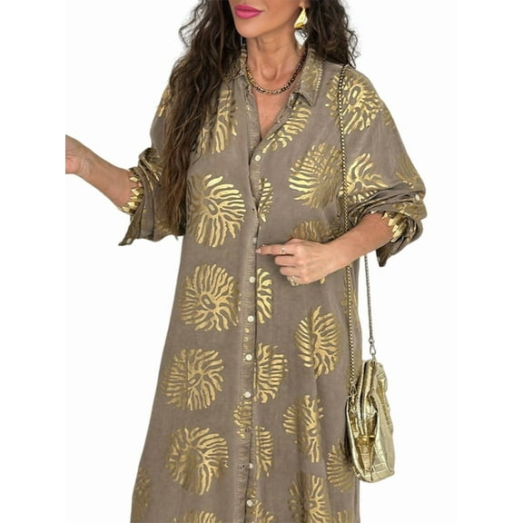 Women'S Floral Print Boho Dress Side Split Deep V Neck Short Sleeves Maxi Dress A-Line Flowy Maxi Dresses Khaki L