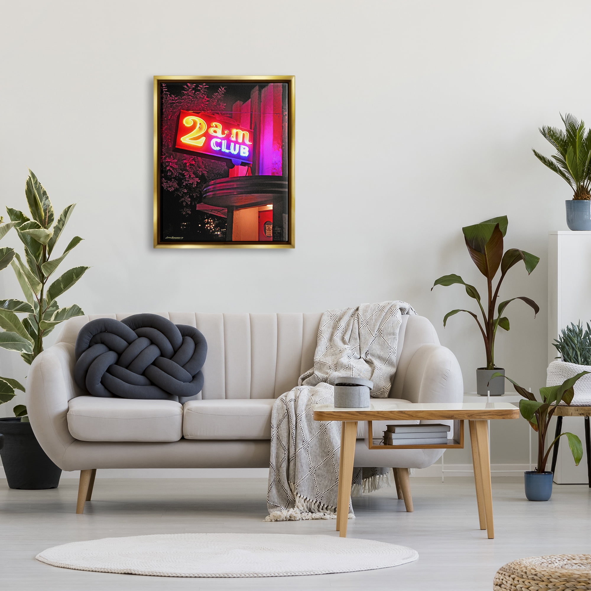 Stupell Industries Urban 2am Club Sign Travel & Places Photography Gold Floater Framed Canvas Art Print Wall Art, 25 x 31
