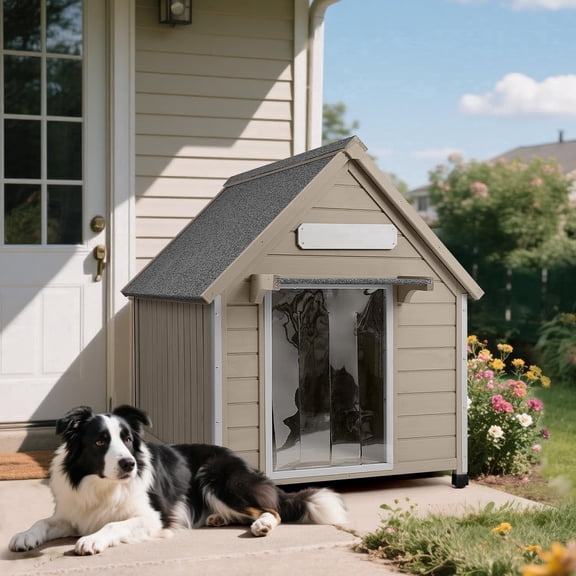 Petsblublu Large Dog House Outdoor Wooden Dog Kennel with Chew-Proof Iron Frame, 30.5" D*37.4" W*39.3" H
