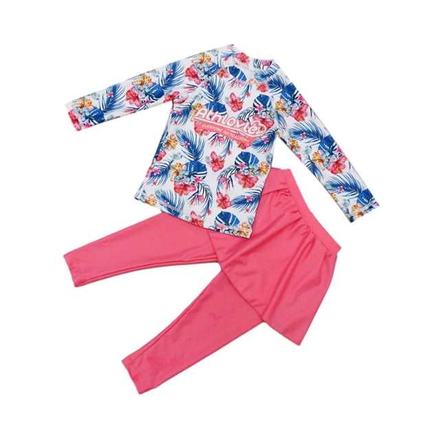 Zwiiyzr 2025 Maillot de Bain 2 Pcs pour Filles Imprimé Floral Manches Longues Maillot Dermoprotecteur Chemises et Pantalons Longs avec Jupe Combinaison Protection Uv Maillot de Bain Plage 3-11 Ans Bleu