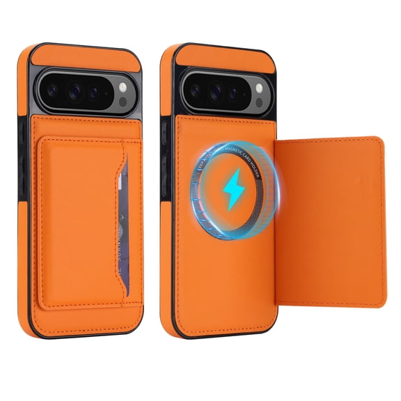 TECH CIRCLE Wallet Phone Case for Google Pixel 9, 9 Pro, Pixel 10, 10 Pro, with Card Holder, Stand, Compatible with MagSafe/Magnetic Accessories, Lightweight PU Leather Protective Case, Orange