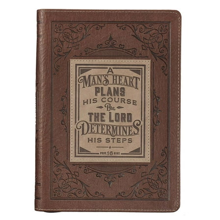 Classic Faux Leather Journal A Man's Heart Proverbs 16:9 Bible Verse Brown Inspirational Notebook, Lined Pages w/Scripture, Ribbon Marker, Zipper Closure