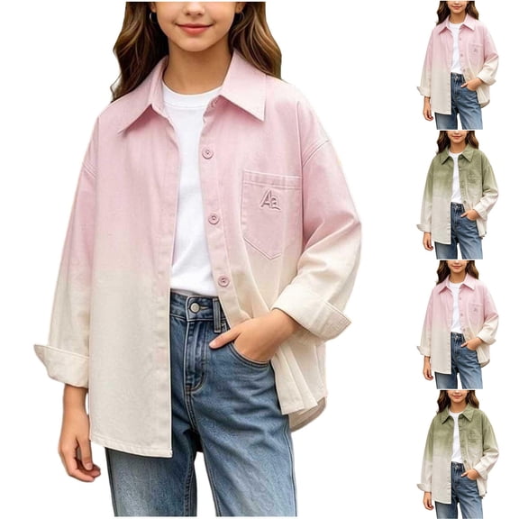 Pretxorve Kids Girls Boys Jacket Gradient Collared Long Sleeve Loose Casual Shirt Outerwear Sizes 5-15Y