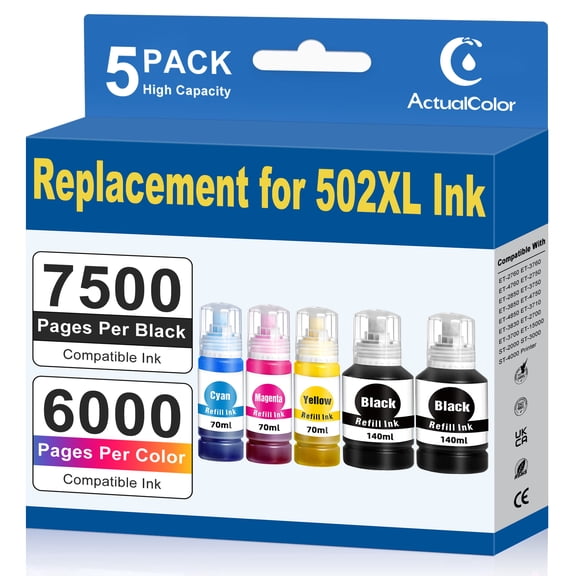 ACTUALCOLOR C Refill Ink Bottle Replacement for Epson 502 Ink Bottle for EcoTank ET-4760 3850 Printer, 5 Bottle