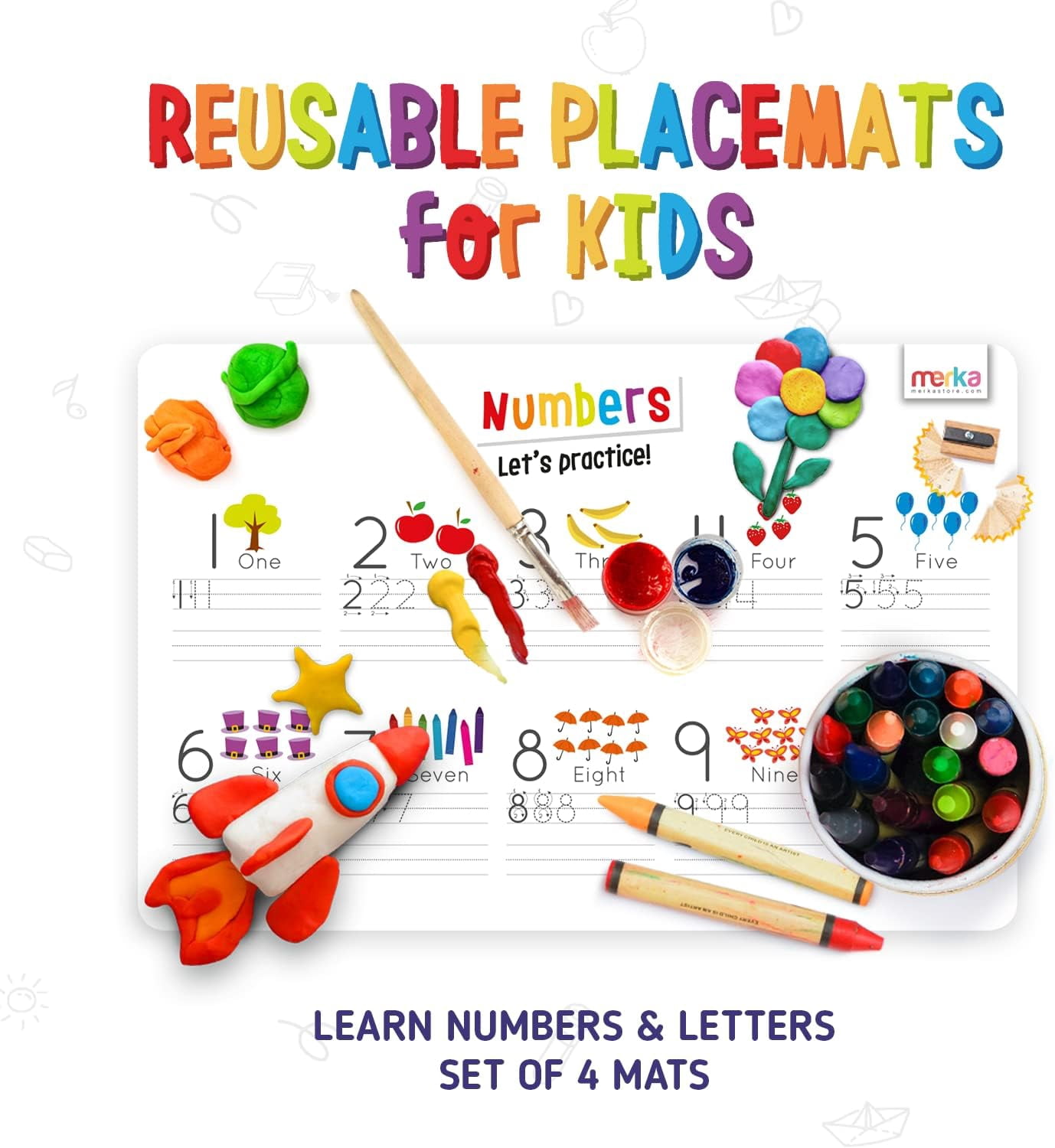 merka Alphabet Placemats for Kids Placemat Toddler Placemats for Dining Table Letters and Numbers Set of 4 Mats with 7 Dry Erase Markers for Ages 2 and Up