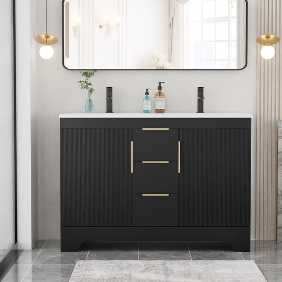 Eclife 48-inch Double Sink Bathroom Vanity with Integrated Tops, Soft-Close Hinges, Fluted Door Design, Mid-Century Modern