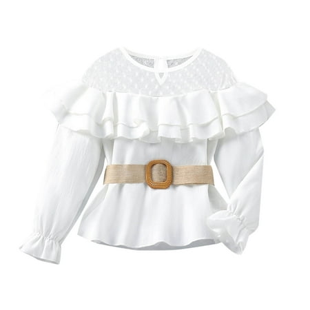 

Little Girls Party Dailywear T-Shirts Solid Color O-Neck Puff Sleeve Bowknot Mesh Tops With Belt Outfits School Sport Skater Fit Tshirts