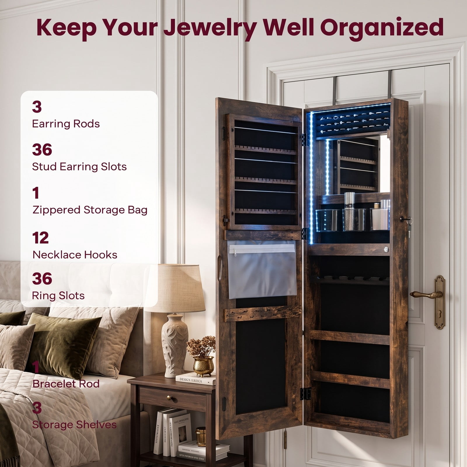 Furnibear 42.5 Inch Lockable Wall and Door Mounted Jewelry Cabinet with Full-Length Mirror and 3-Color LED Lights, Rustic Brown