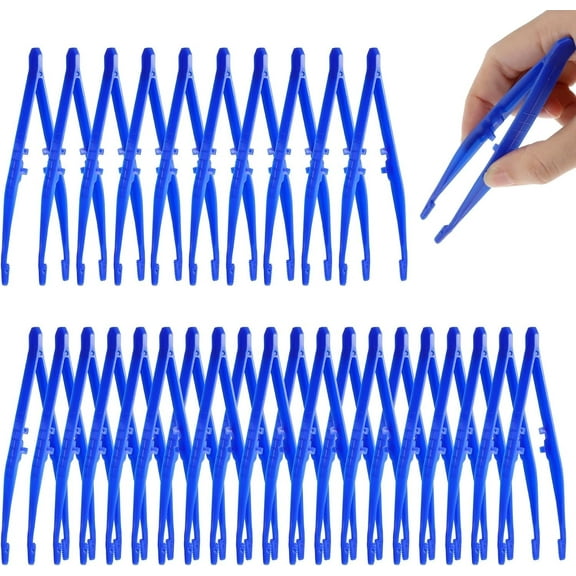 LIOUCBD Plastic Tweezers 30 Pcs Disposable First Aid Pickup Grabbers Blue Lab Tweezers with Finger Ridges Serrated Tips for Beading Projects Craft DIY Science Class
