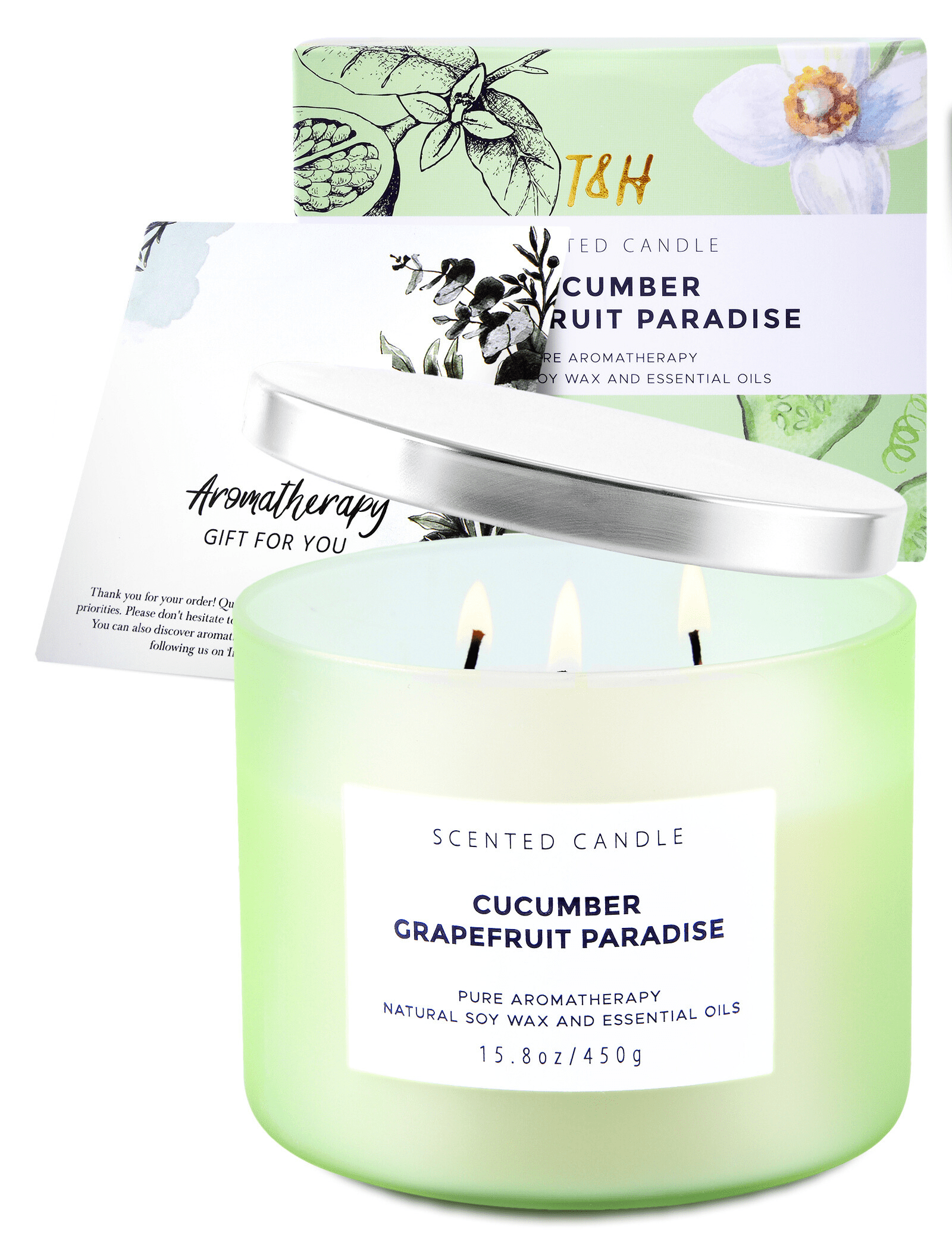 Cucumber Grapefruit Paradise 3-Wick Soy Candle – Fresh Citrus Aromatherapy Candle in Gift Box | 15.8 oz Clean Burning Scented Candle with Reusable Jar
