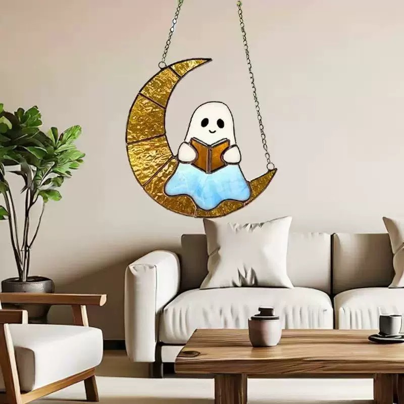 Halloween Sun Catcher - 8 Inch Round Window Decoration With Ghost, Witch, Pumpkin Design, Creates Rainbows