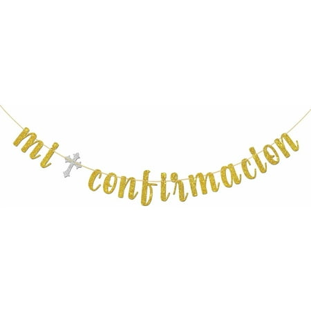 Mi Confirmación Banner, God Bless Baptism Decorations, Religious Christening Baby Shower Party Decorations, Gold Silver Glitter