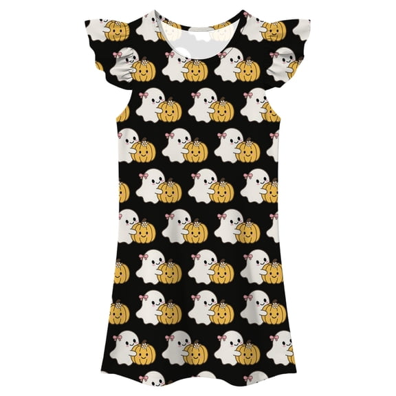 Yuncity Girls Halloween Dress Crew Neck Ruffle Sleeve Cute Ghost Pumpkin Print Sweet Casual Nightdress Size 3-4 Years Black