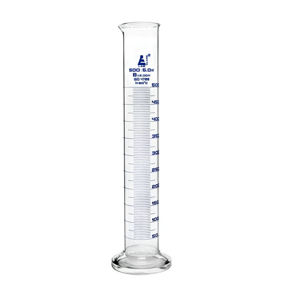 Graduated Cylinder, 500ml - Class B Tolerance ?5.00ml - Round Base - Blue Graduations - Borosilicate 3.3 Glass - Eisco Labs