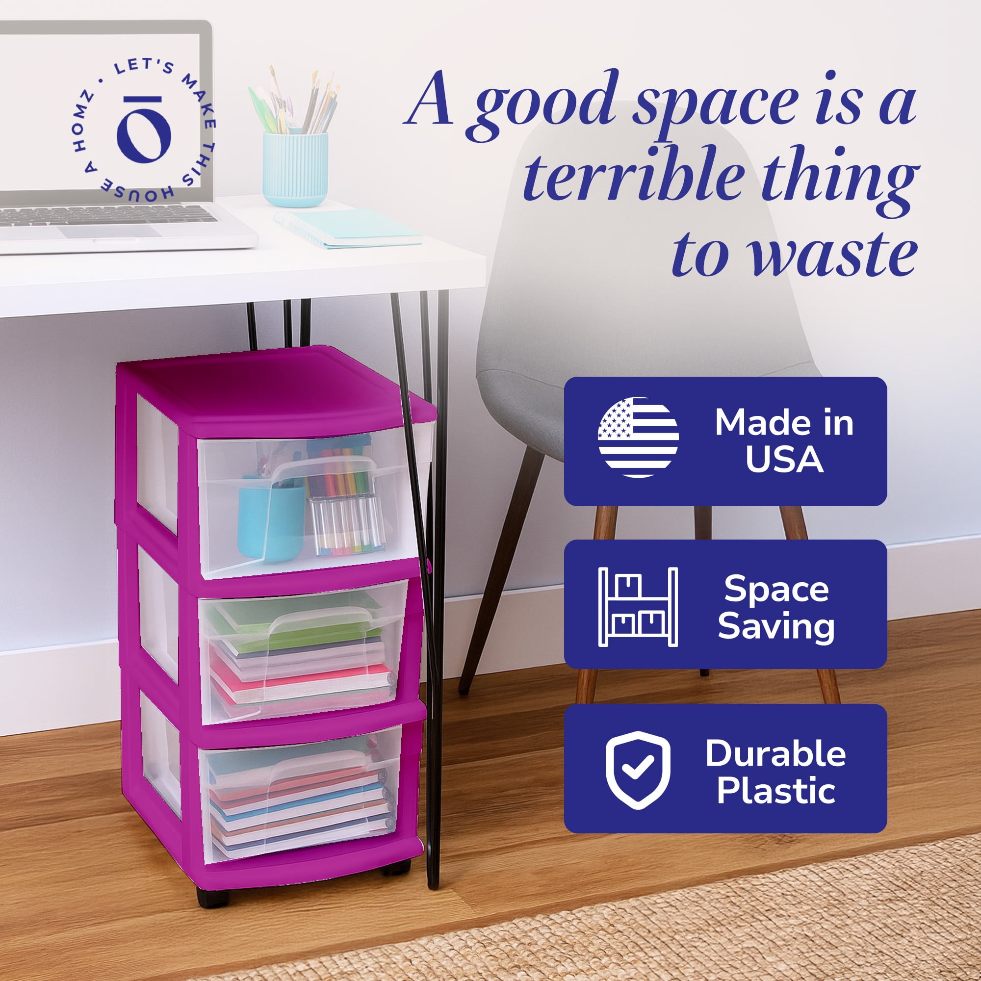 HOMZ 3-Drawer Cart Organizer with Removable Wheels, Medium, Purple Frame