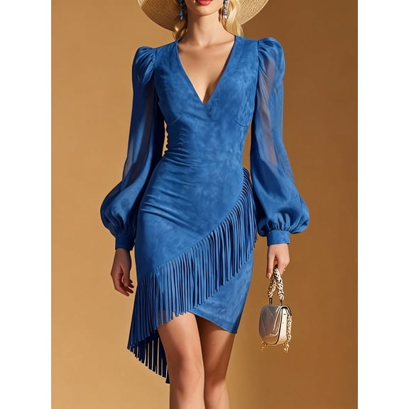 Women's Western Fringe Mini Dress, V-Neck Puff Sleeve Asymmetric Bodycon, Boho Party Vacation Outfit, Chic Cocktail Women
