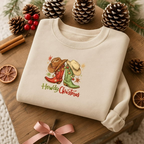 Embroidered Howdy Christmas Sweatshirt, Cowgirl Boots Christmas Sweater, Cowgirl Sweatshirt, Xmas Western Shirt, Women's Holiday Sweater